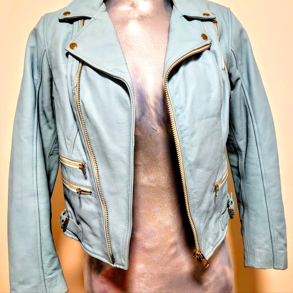 GENUINE LEATHER ASYMMETRICAL ZIP POWDER BLUE BIKER JACKET
